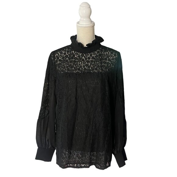 Tuckernuck Rosalee Blouse black size XL lace long sleeve sheer high neck top - Picture 6 of 13
